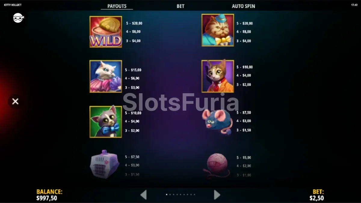 Tabla de pagos completa de la tragamonedas Kitty Kollect