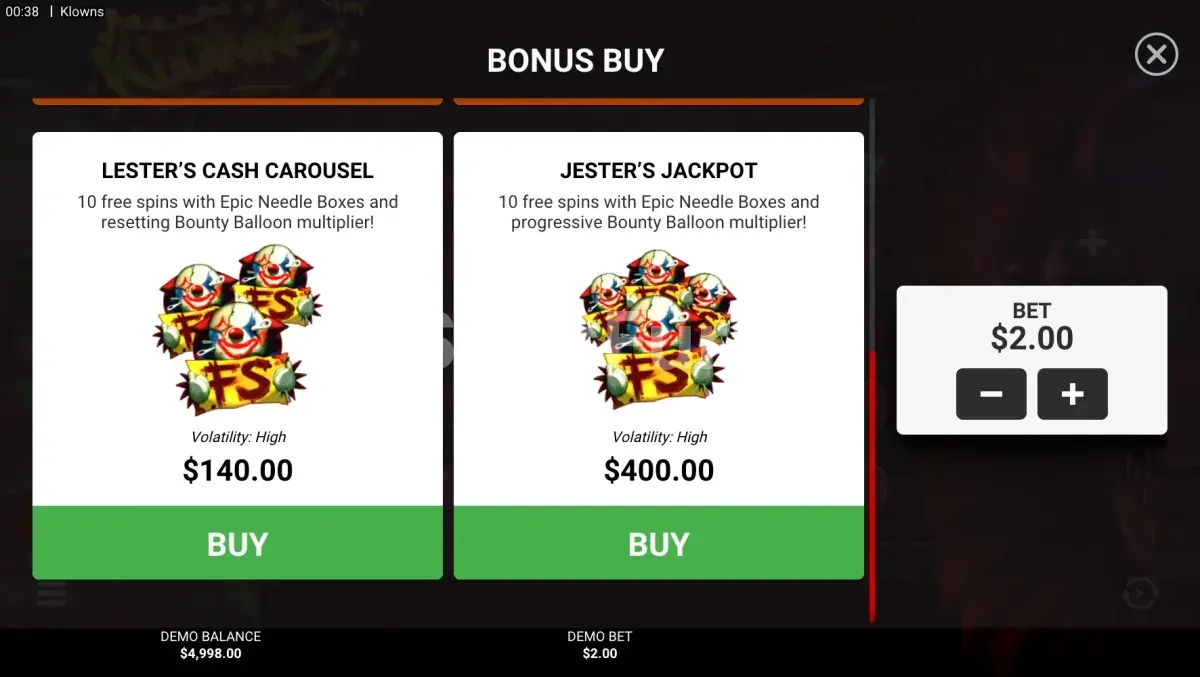 Menú de compra de bonos en la tragamonedas Klowns de Hacksaw Gaming