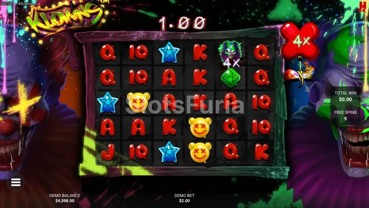 Pantalla de giros gratis de Klowns con el Bounty Balloon activado