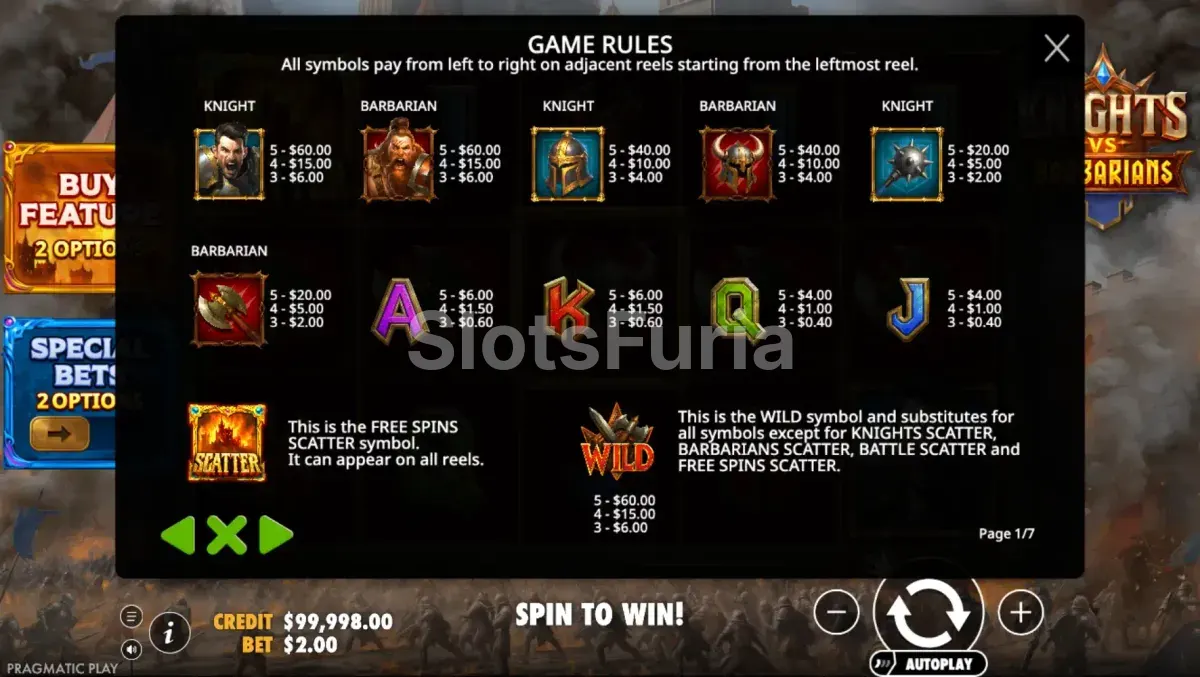 Tabla de pagos completa de Knights vs Barbarians Pragmatic Play