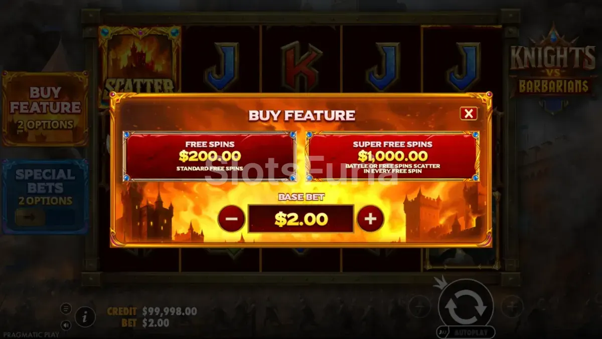 Menú de compra de bonus en Knights vs Barbarians de Pragmatic Play