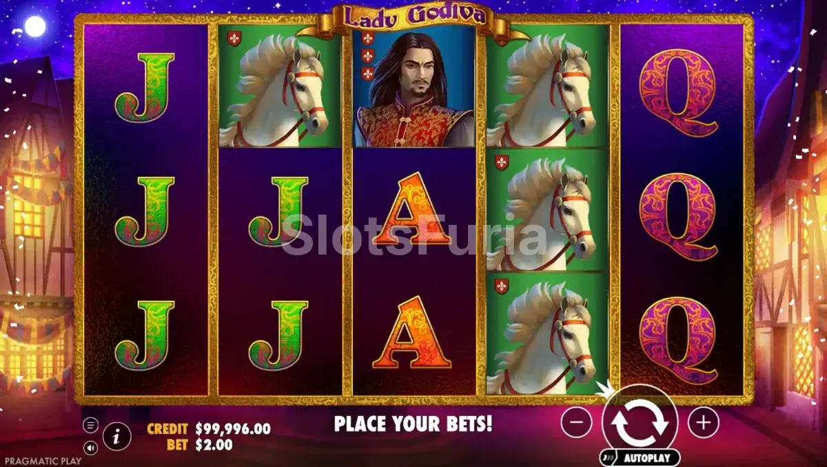 Giro del juego base en Lady Godiva con símbolos apilados
