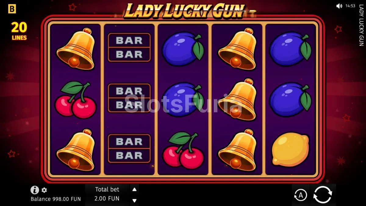 Pantalla principal de Lady Lucky Gun con los cinco rodillos activos