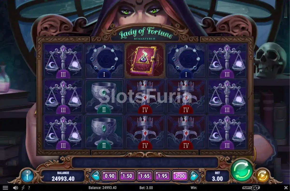 Segunda vista del juego base de Lady of Fortune Remastered mostrando combinaciones ganadoras