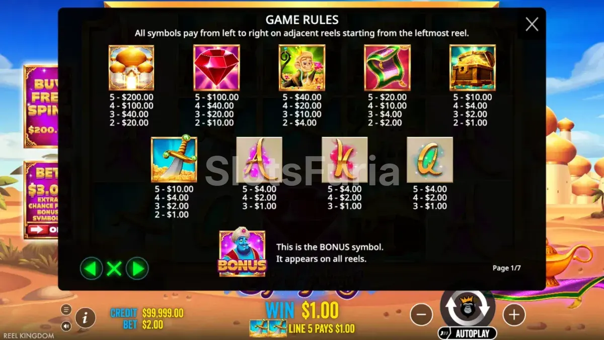 Tabla de pagos de Lamp Of Infinity con los símbolos y sus valores