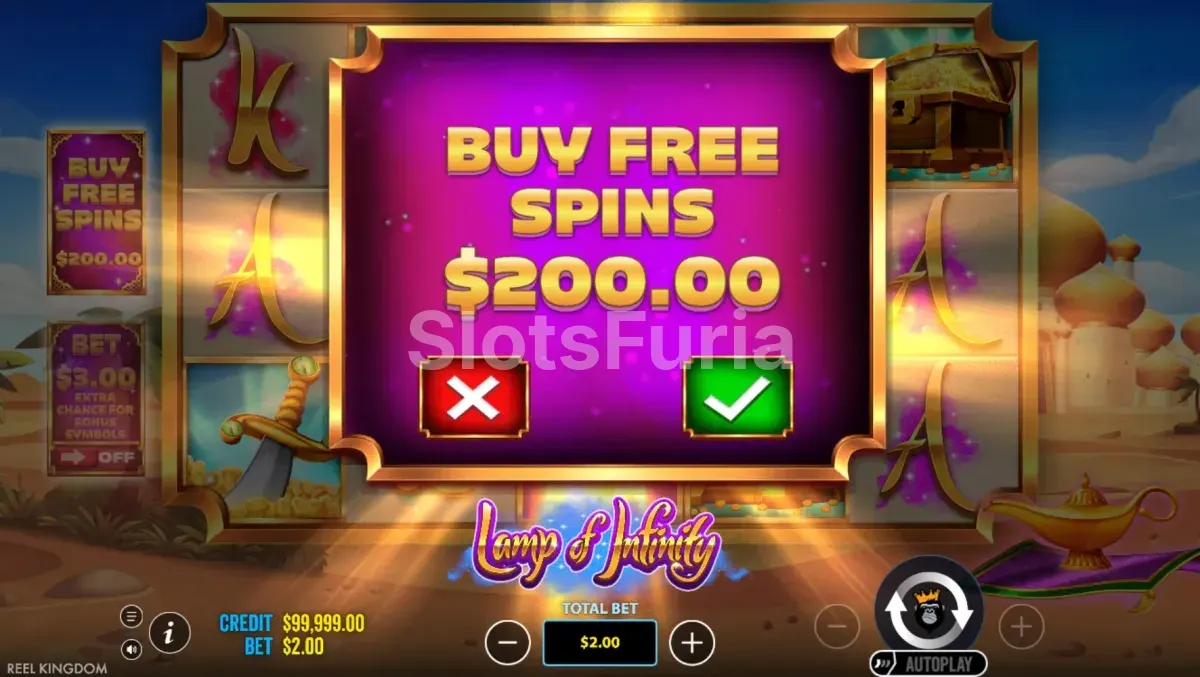 Función de compra de bonus en Lamp Of Infinity con las opciones disponibles