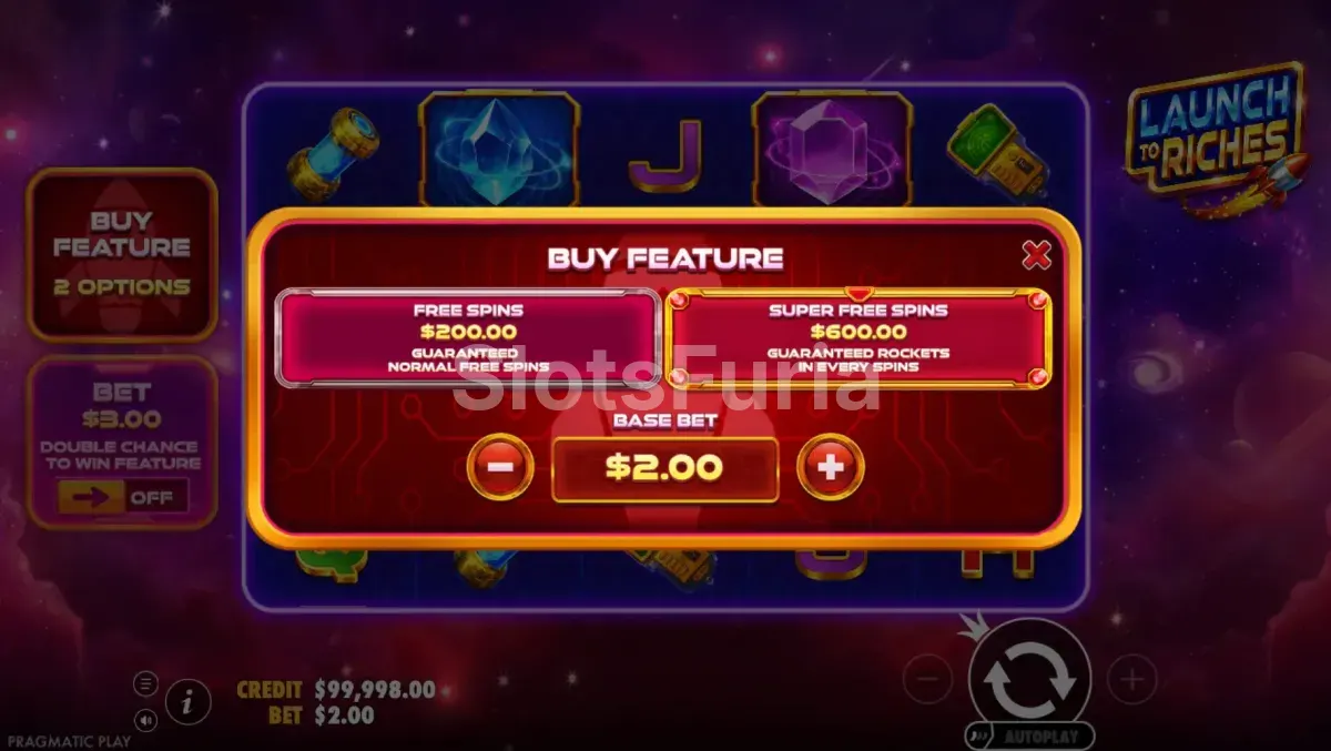 Pantalla de compra de bonus en Launch to Riches
