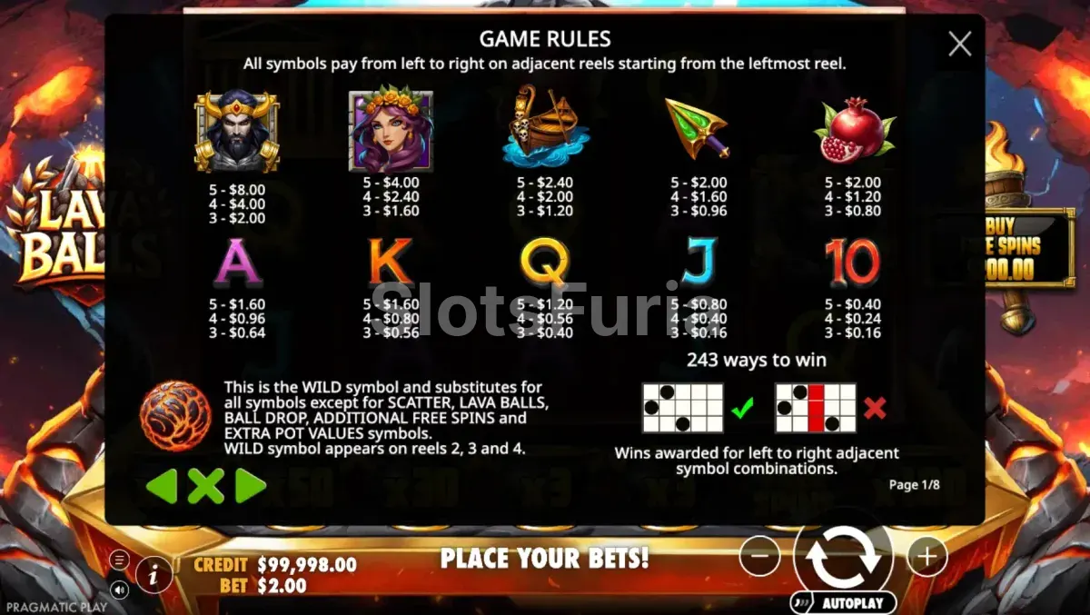 Tabla de pagos de Lava Balls con todos los símbolos y multiplicadores