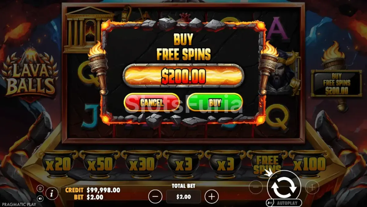 Pantalla de compra de bonus en Lava Balls con precio de 100x la apuesta
