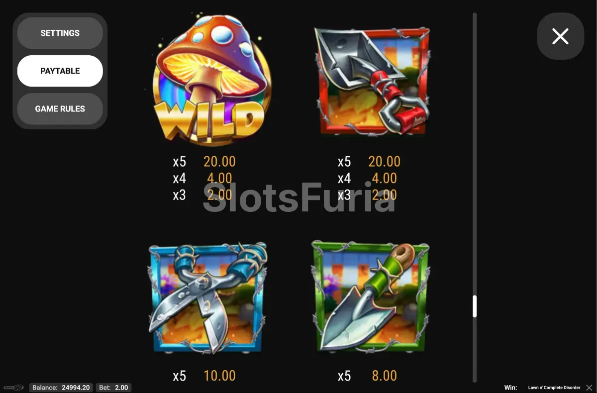 Tabla de pagos de Lawn N' Complete Disorder con valores de monedas y jackpots