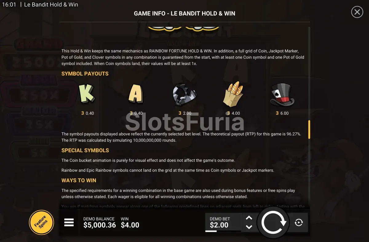 Tabla de pagos de Le Bandit Hold & Win