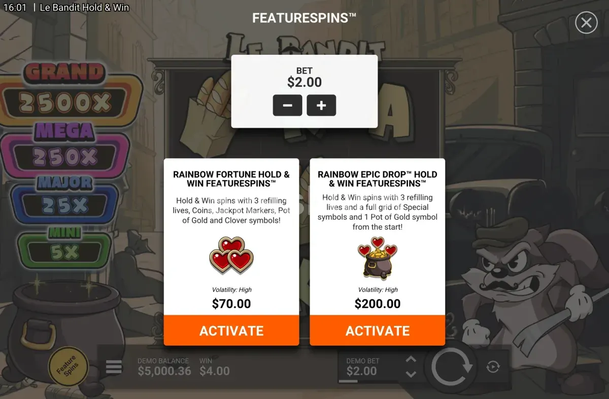 Pantalla de compra de bono en Le Bandit Hold & Win