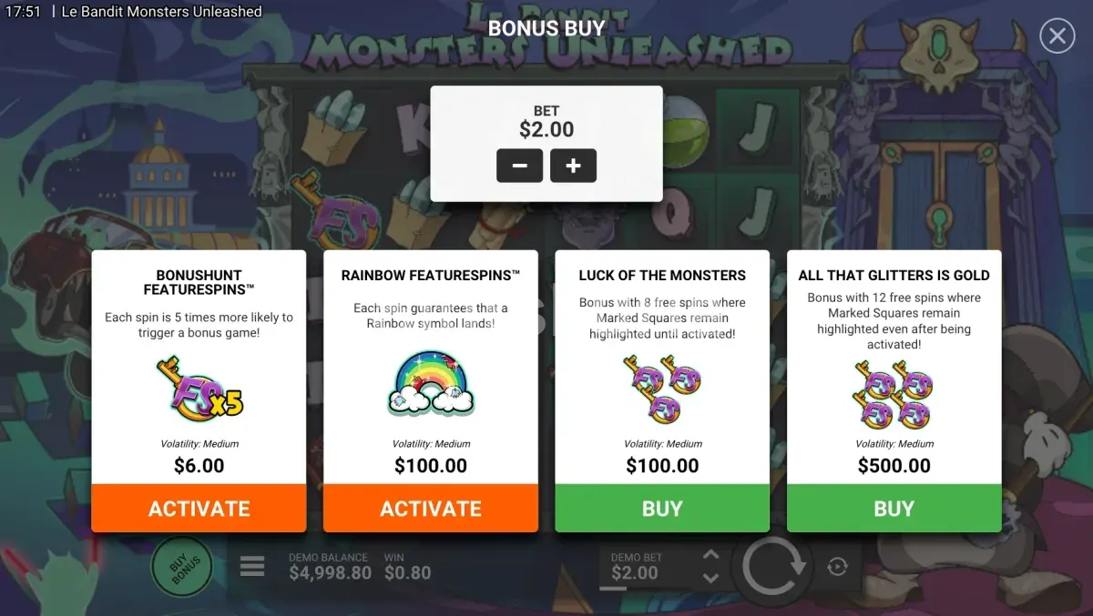 Menú de compra de bonos en Le Bandit Monsters Unleashed