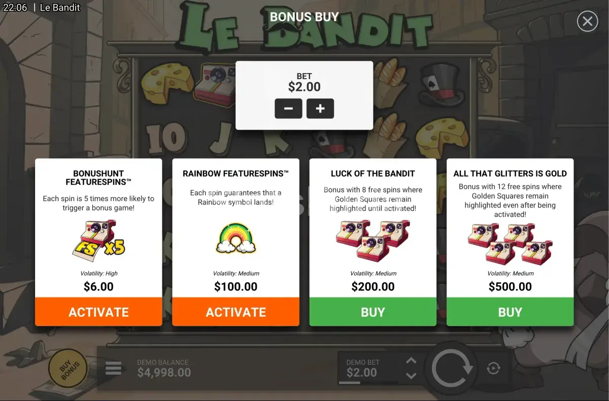 Pantalla de compra de bonus de Le Bandit con las opciones disponibles