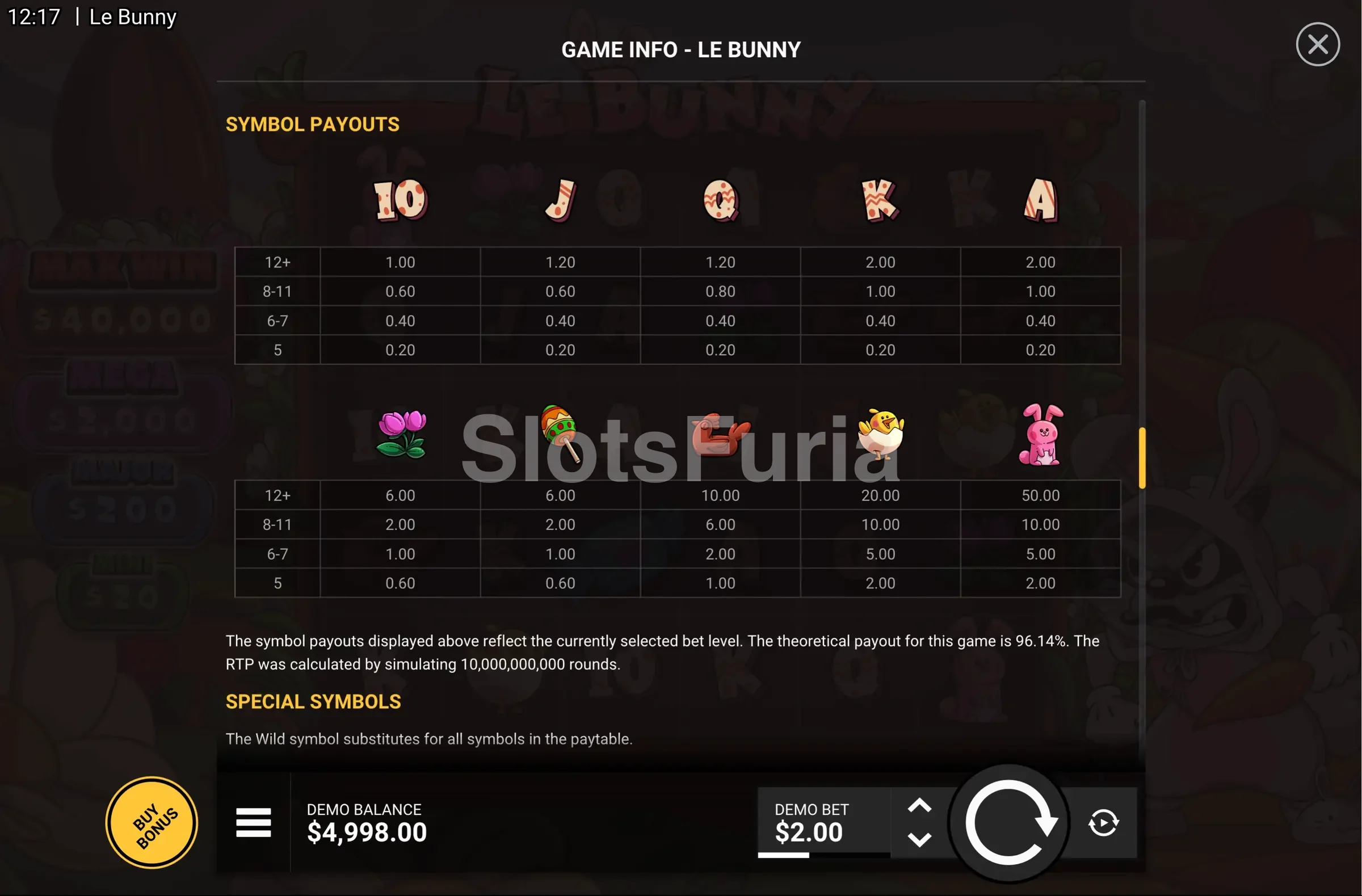 Tabla de pagos y símbolos de Le Bunny de Hacksaw Gaming