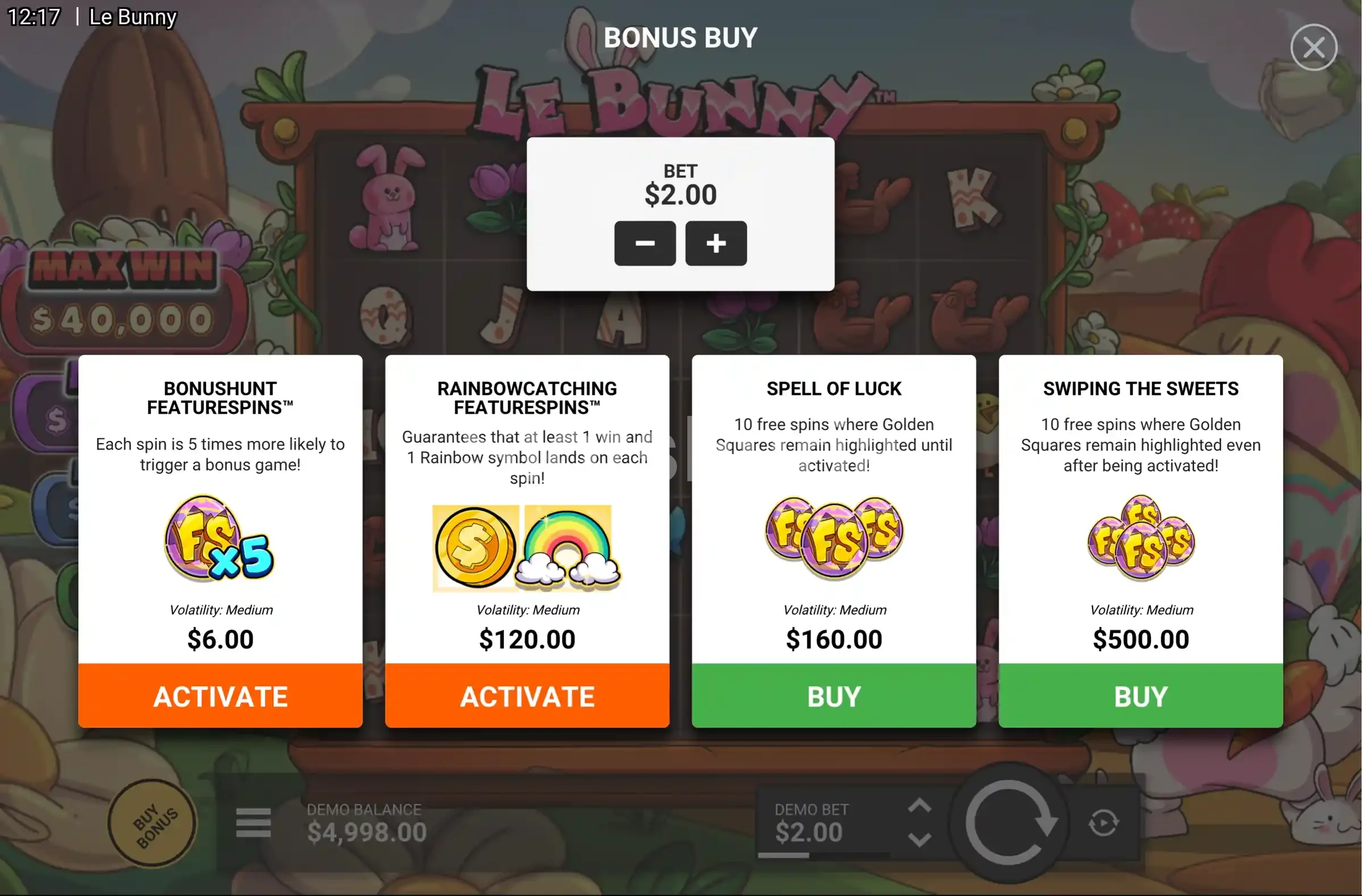 Menú de compra de bono disponible en Le Bunny