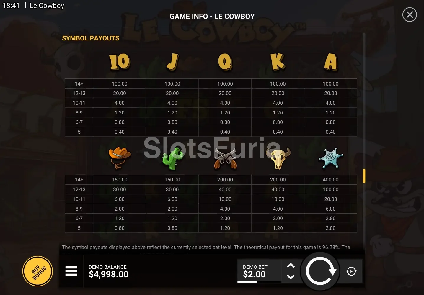 Tabla de pagos de Le Cowboy con los premios por tamaño de cluster