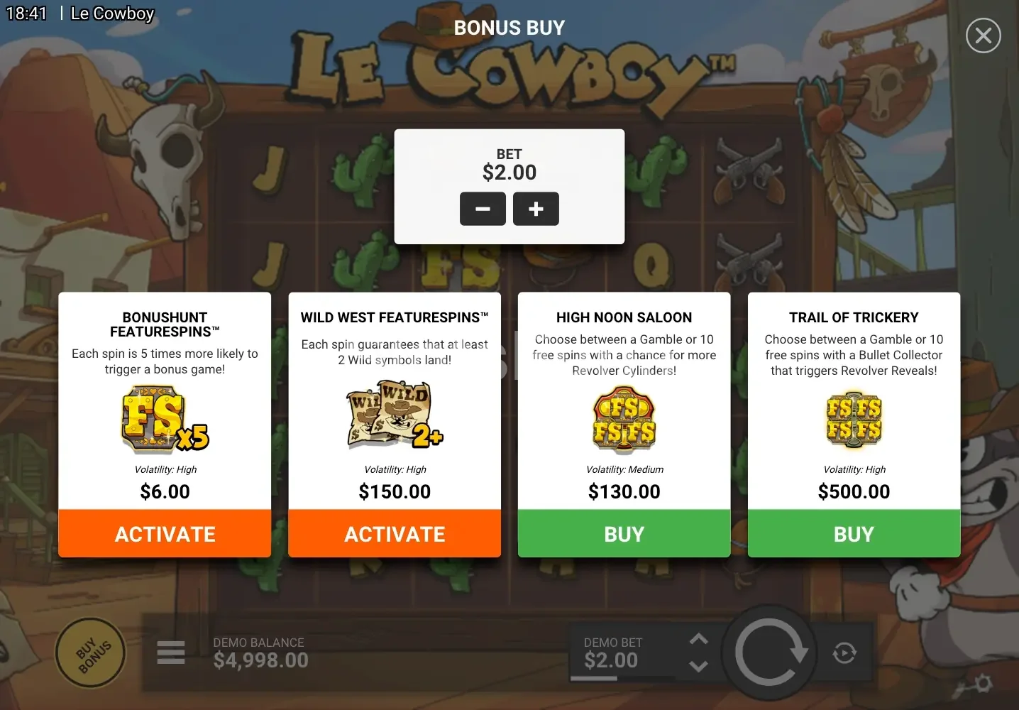 Menú de compra de bonos de Le Cowboy con los botones amarillos