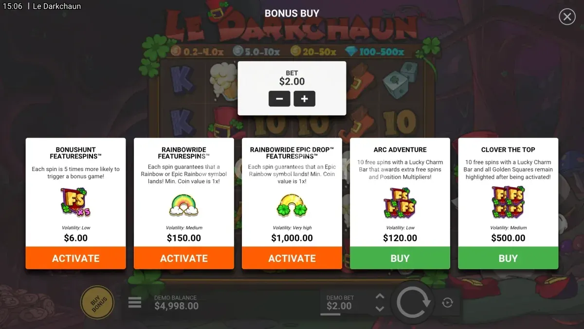 Menú de compra de bonus de Le Darkchaun con las opciones disponibles