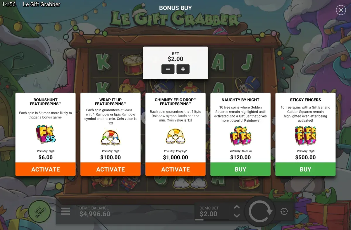 Menú de compra de bono de Le Gift Grabber