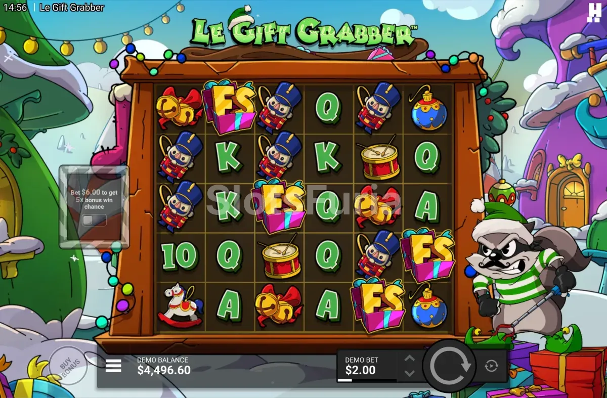 Cuatro símbolos FS en Le Gift Grabber activando el bono