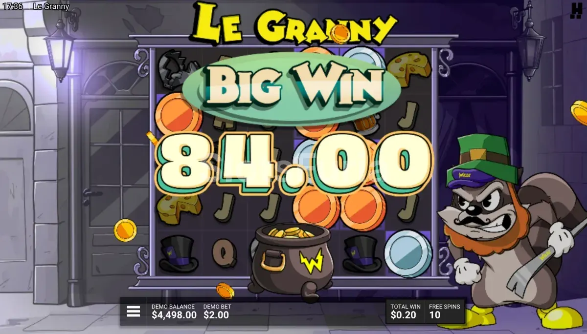Pantalla de gran ganancia con el contador de premios en Le Granny