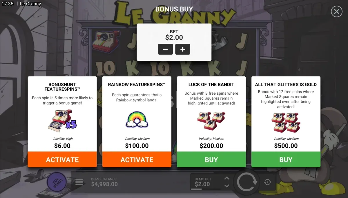 Menú de compra de bonus de Le Granny con las opciones disponibles