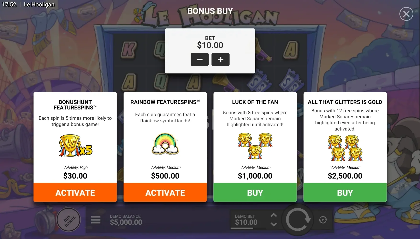 Pantalla de compra de bonus de Le Hooligan