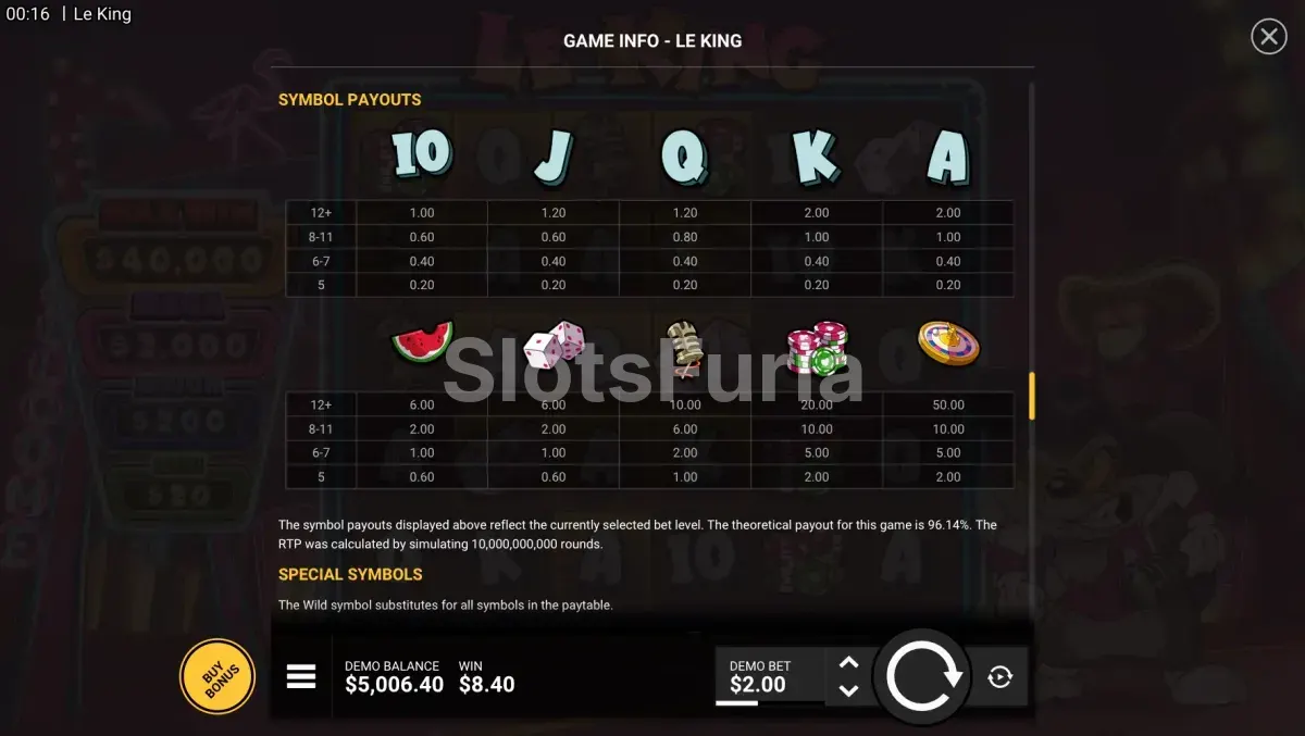 Tabla de pagos de Le King con símbolos y multiplicadores