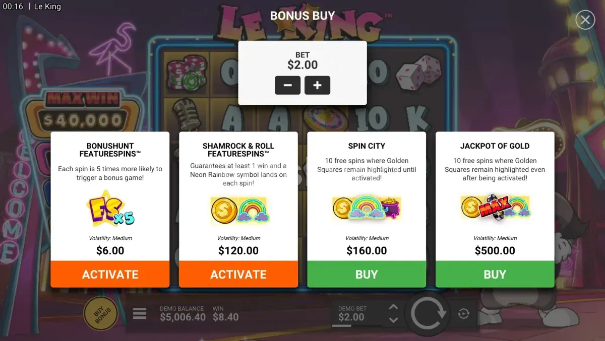 Opciones de compra de bonus en Le King de Hacksaw Gaming