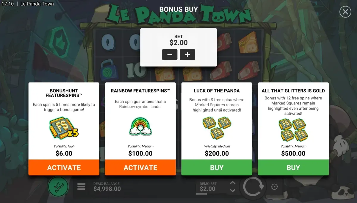 Pantalla de compra de bono en Le Panda Town