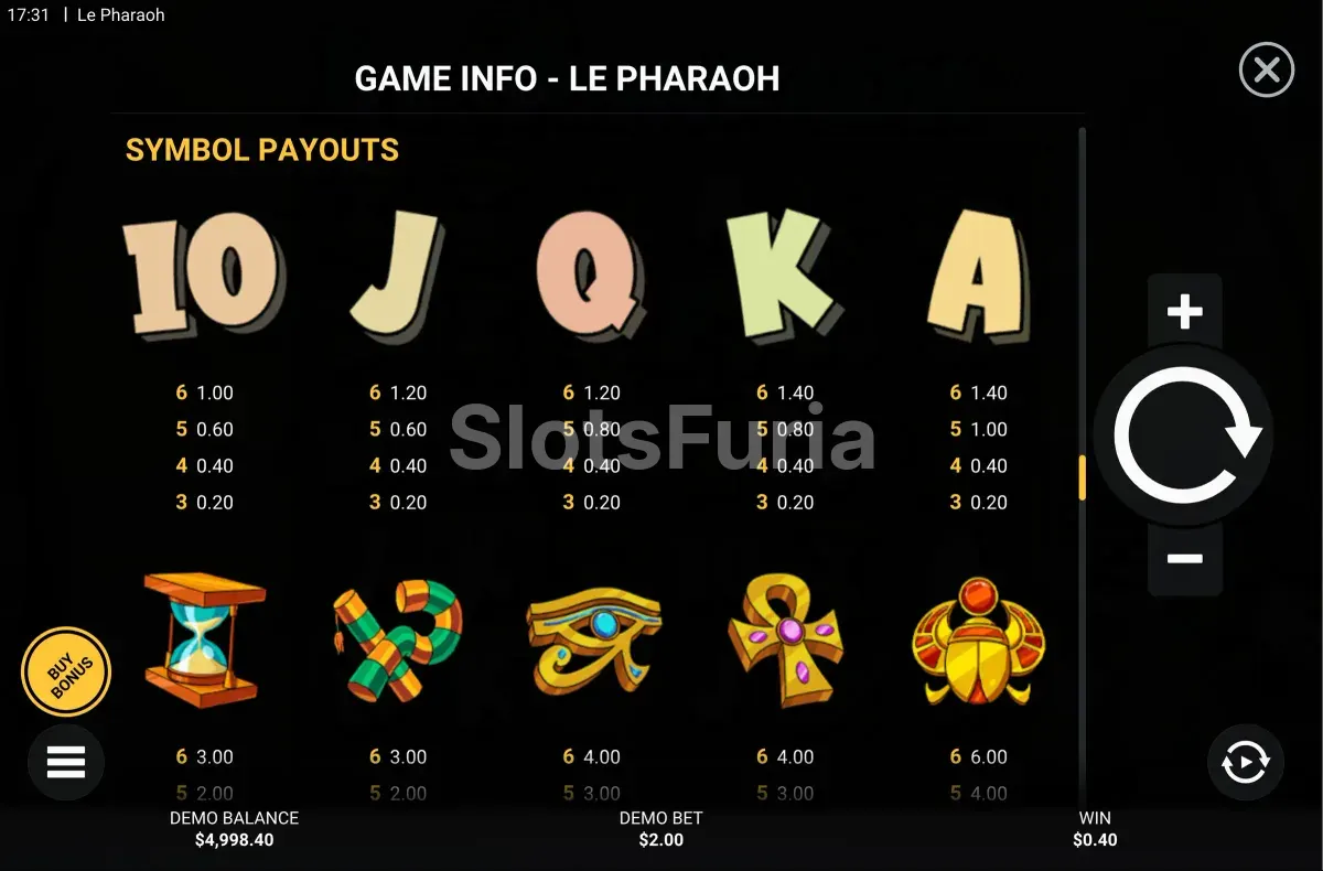 Tabla de pagos y símbolos de Le Pharaoh