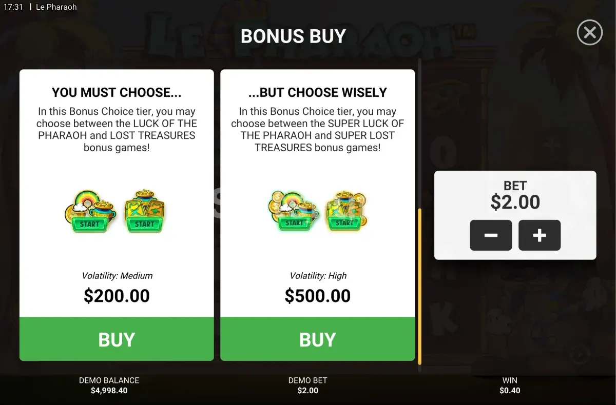 Opción de compra de bonus disponible en Le Pharaoh