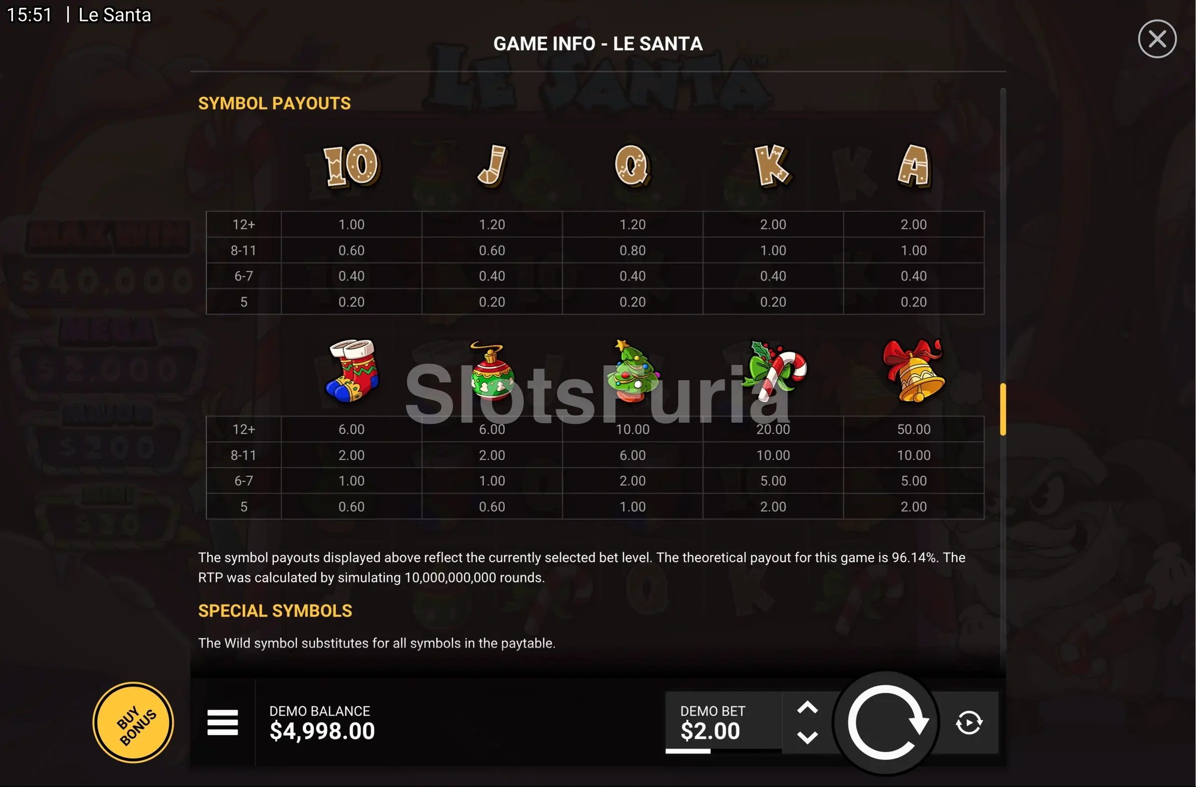 Tabla de pagos de Le Santa con todos los símbolos y valores