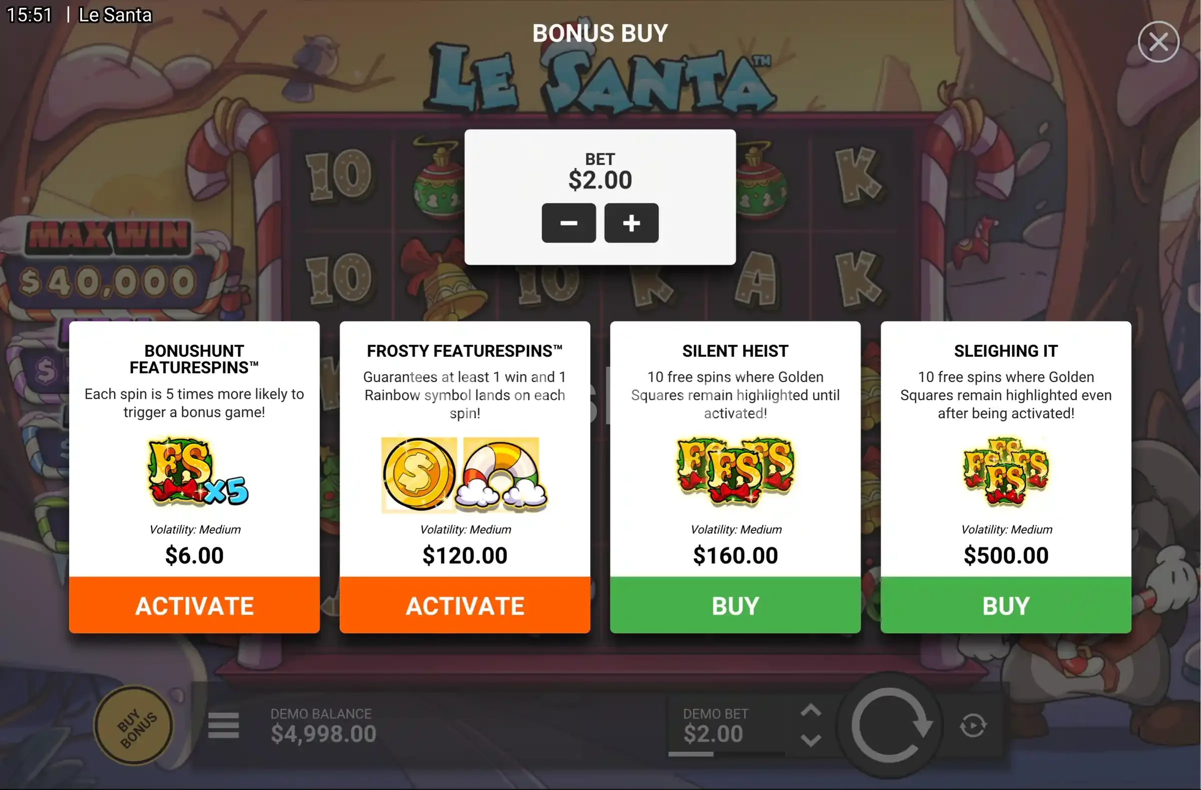 Pantalla de compra de bonus en Le Santa con todas las opciones disponibles