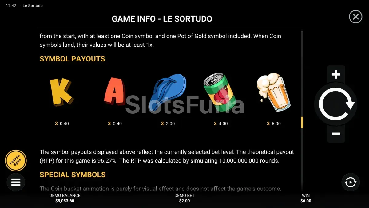 Tabla de pagos de Le Sortudo con los símbolos y sus valores