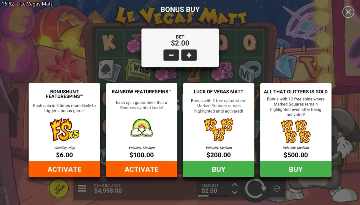 Pantalla de compra de bono en Le Vegas Matt