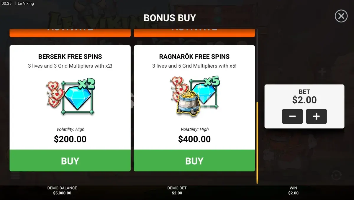 Menú de compra de bonos de Le Viking con las cuatro opciones disponibles