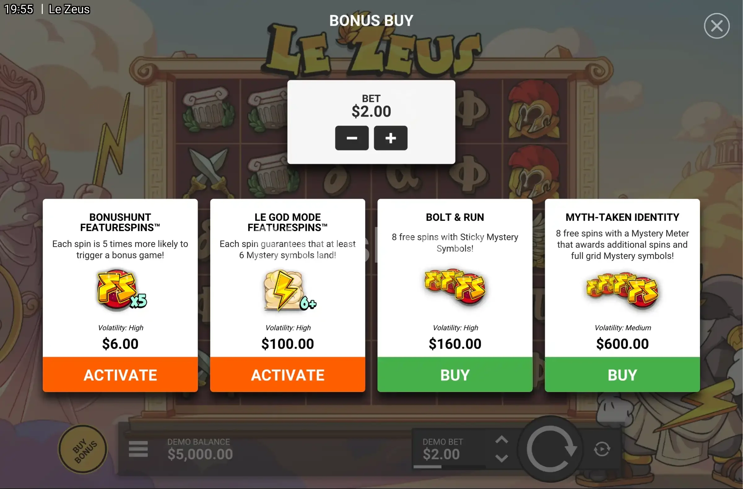 Menú de compra de bonus en Le Zeus de Hacksaw Gaming