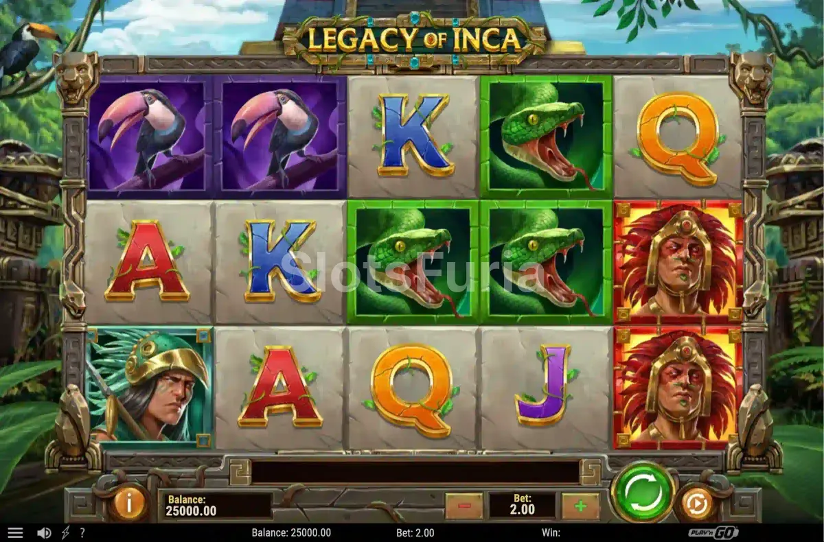Segunda pantalla del juego base de Legacy of Inca mostrando una combinación ganadora