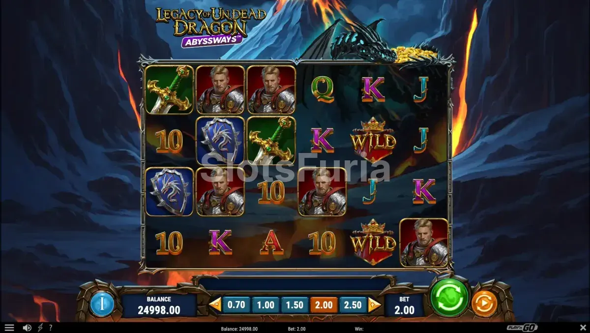 Pantalla principal de Legacy of Undead Dragon Abyssways con el dragón dormido sobre los carretes