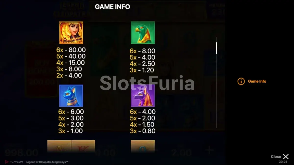 Tabla de pagos de Legend of Cleopatra Megaways