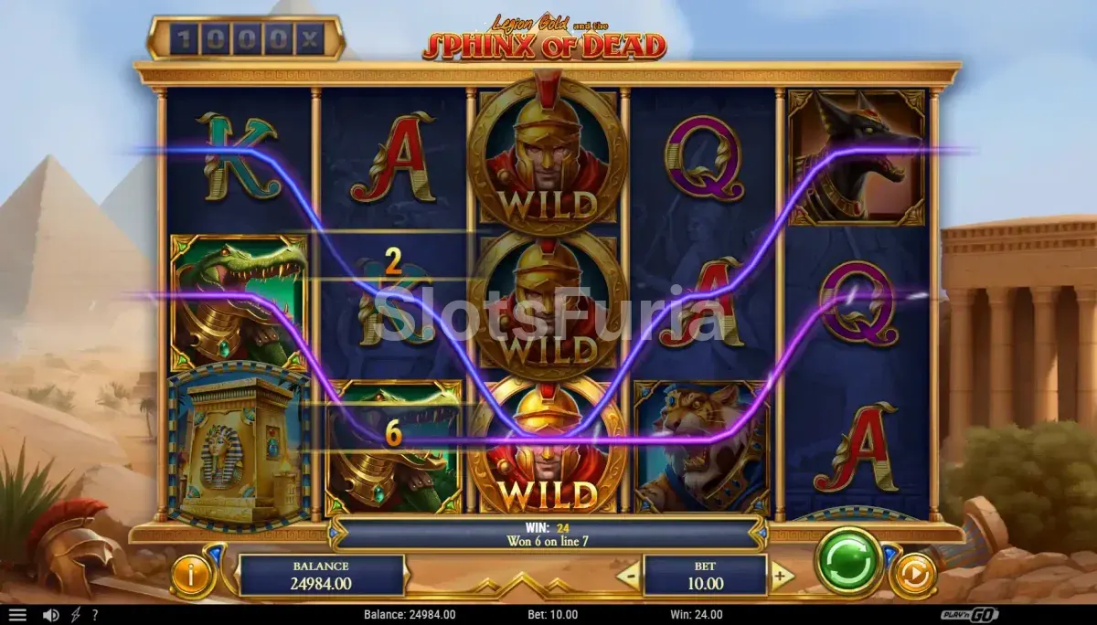 Resultado de giro con símbolos dorados activos en Legion Gold and the Sphinx of Dead
