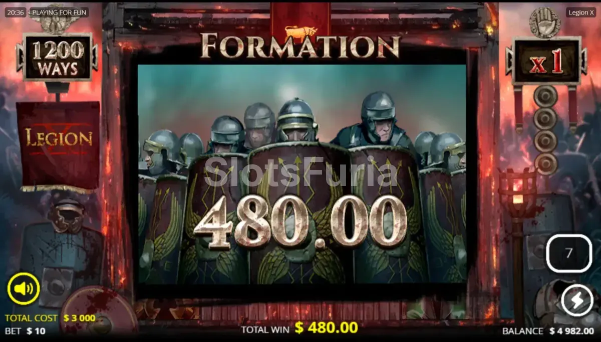 Pantalla de gran victoria en Legion X con multiplicador elevado y explosión visual