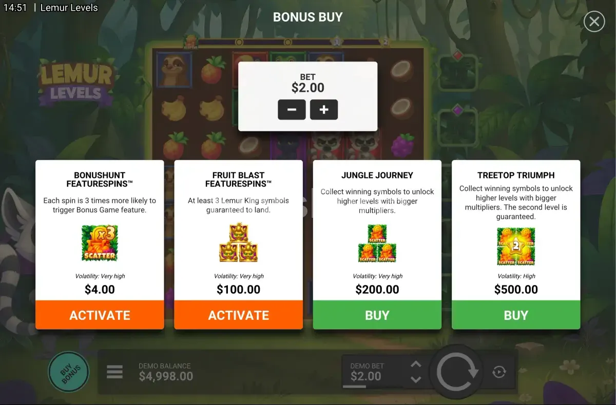 Pantalla de compra de bonus en Lemur Levels