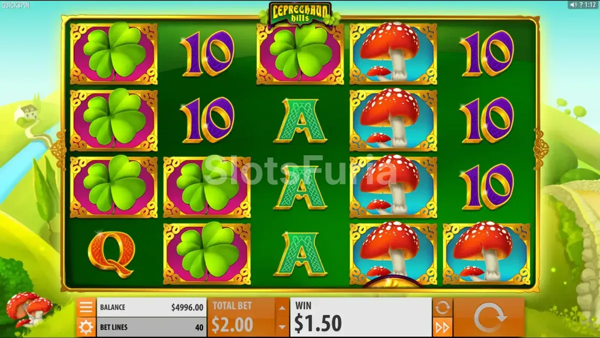 Segunda vista del juego base de Leprechaun Hills con símbolos en pantalla
