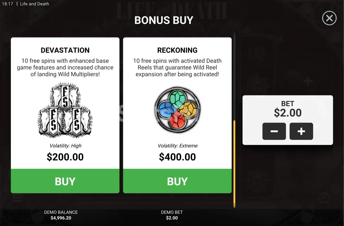 Pantalla de compra de bonus en Life and Death de Hacksaw Gaming