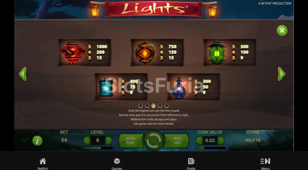 Tabla de pagos de Lights con el farol de dragón rojo