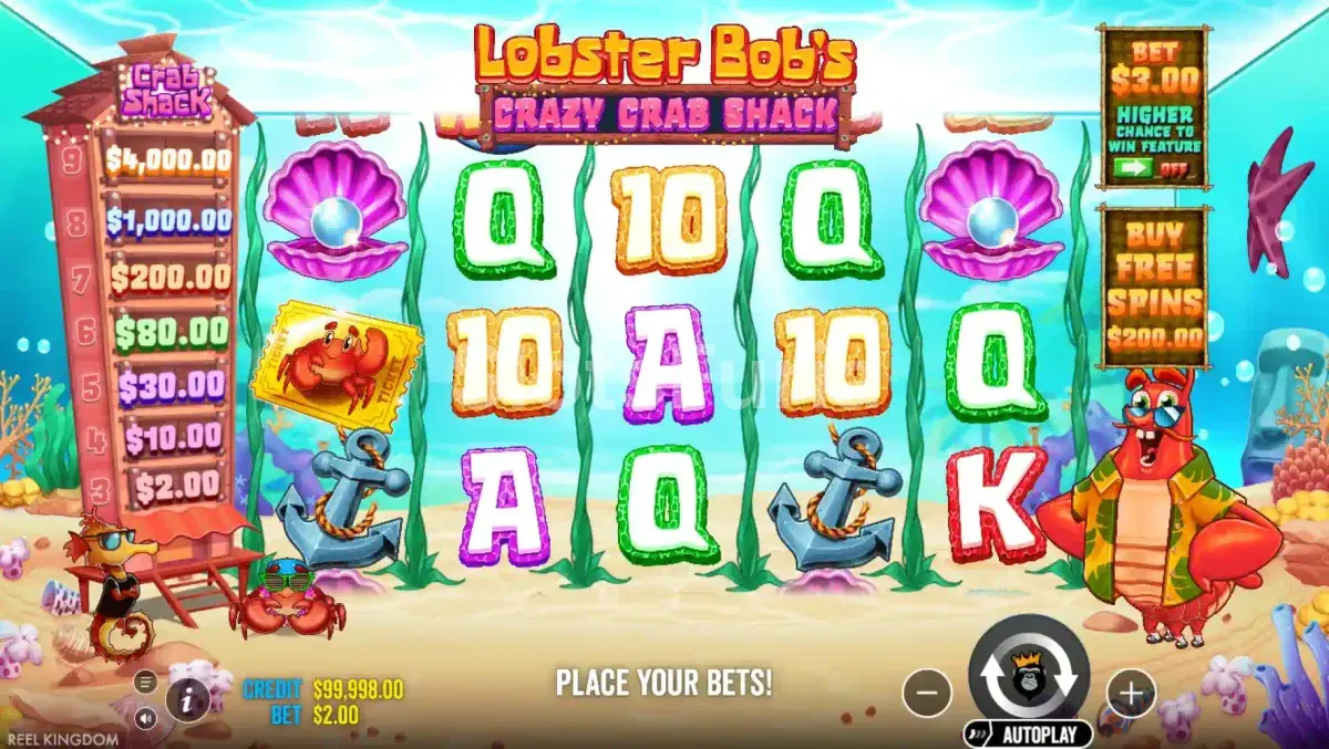 Pantalla principal de Lobster Bob's Crazy Crab Shack con los 5 rodillos activos