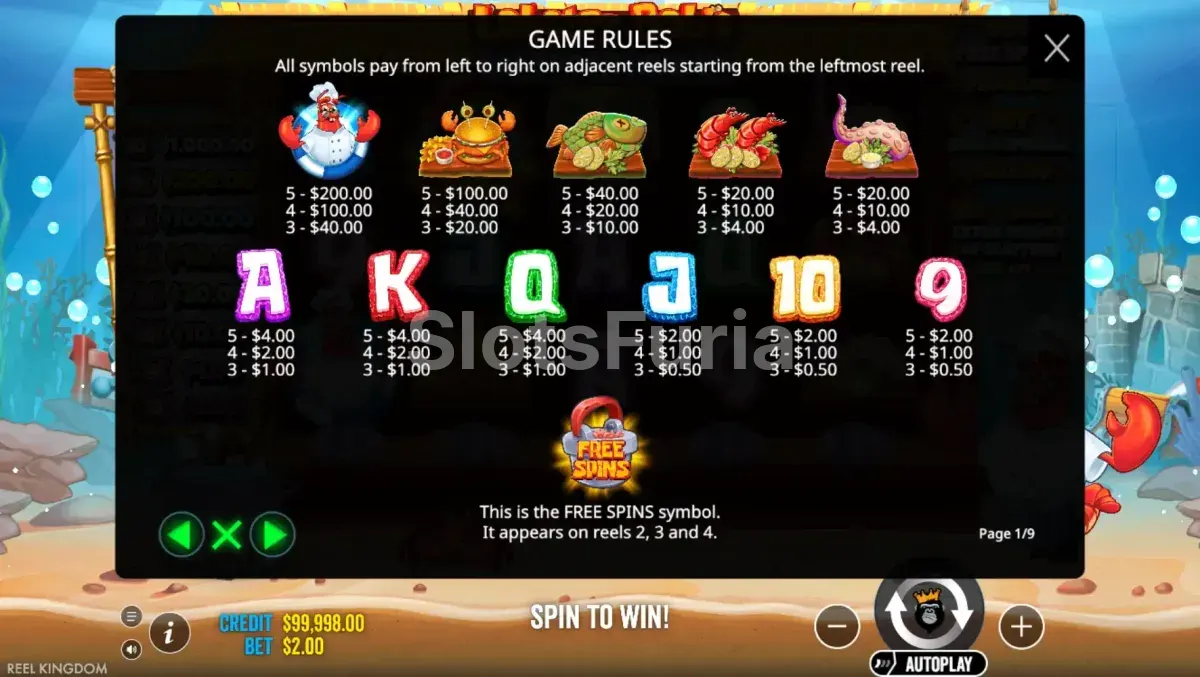 Tabla de pagos de Lobster Bob's Sea Food and Win It con símbolos de mariscos